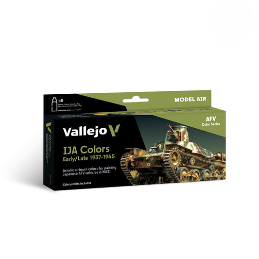 Vallejo 71160 Model Air IJA Colors Early/Late 1937-1945 – pudełko zestawu 8 farb do aerografu 17ml z czołgiem Type 97 Chi-Ha w kamuflażu trójkolorowym na okładce, Vallejo
