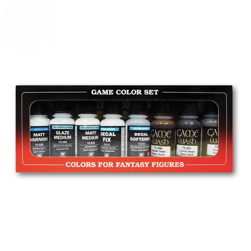 Vallejo 73999 Game Color Accessory Set – 8 produktów w oknie wystawowym: Matt Varnish 70.520, Glaze Medium 70.596, Matt Medium 70.540, Decal Fix 73.213, Decal Softener 73.212, Game Wash Sepia 73.200, Game Wash Black 73.201 i trzeci wash, Vallejo
