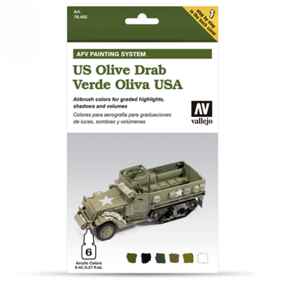 Vallejo 78402 AFV Painting System US Olive Drab – pudełko zestawu 6 farb Model Air 8ml z półgąsienicowym M3 Half-Track w kolorze Olive Drab na okładce i schematem 6 kolorów, Vallejo
