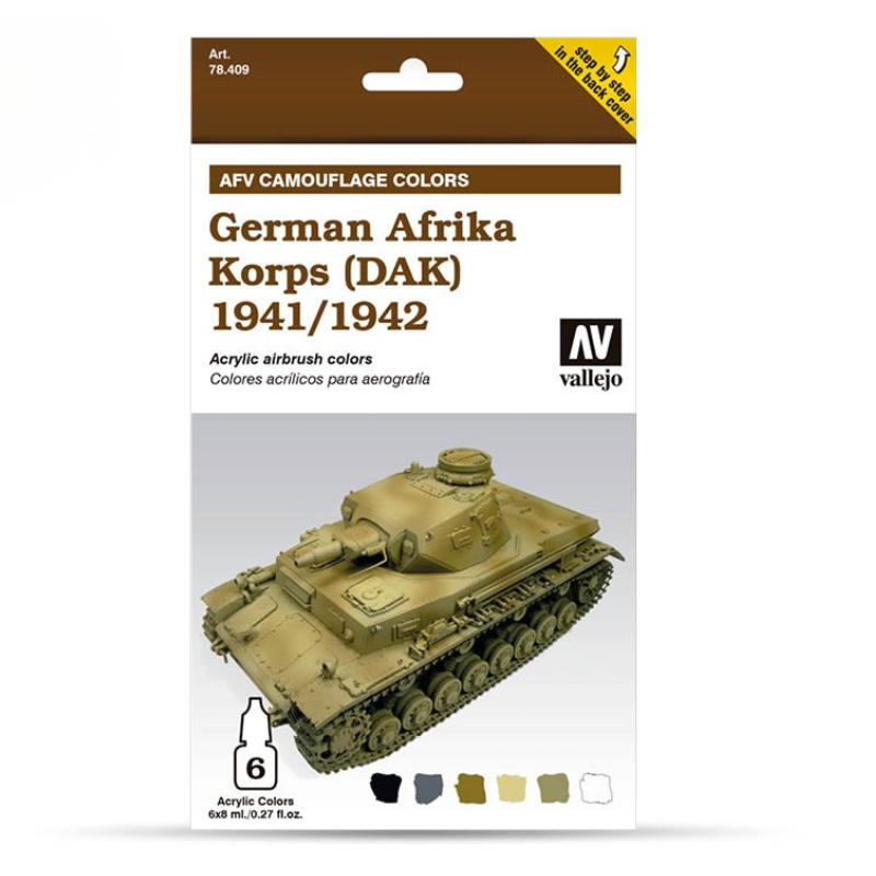 Vallejo 78409 AFV Camouflage Colors German Afrika Korps DAK 1941/1942 – pudełko zestawu 6 farb Model Air 8ml z czołgiem Panzer III w kamuflażu pustynnym DAK na okładce i schematem 6 kolorów, Vallejo
