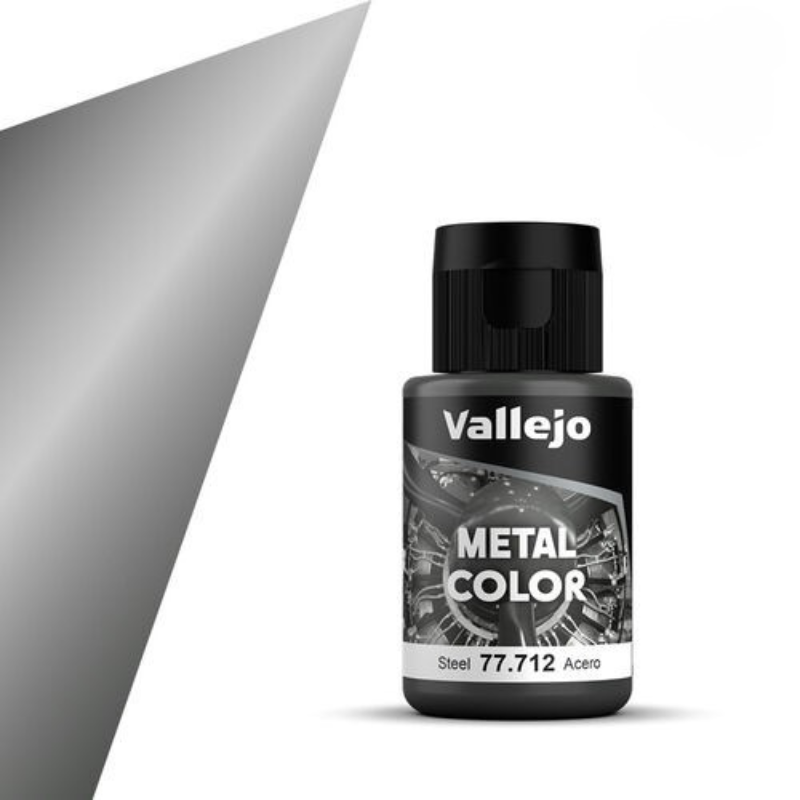 Vallejo Metal Color 77.712 Steel – butelka 32ml metalicznej farby akrylowej w kolorze stali do aerografu, seria Metal Color
