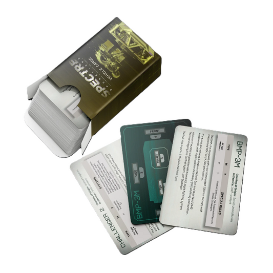Spectre Miniatures Vehicle Cards Pack 1 – talia kart pojazdów do gry Spectre Operations, karty statystyk i zasad dla pojazdów
