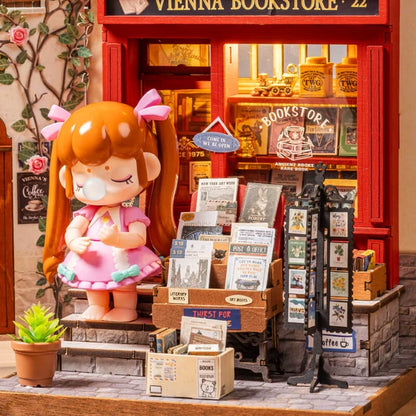 Wiedeńska Księgarnia Vienna Bookstore Rolife DG183 – gotowy model z wózkiem kawowym na półce z książkami, widok z prawej strony