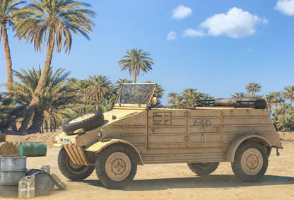 Kübelwagen Type 82 – okładka pudełka, model 28mm piaskowy Afryka Północna z palmami, 280072