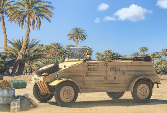 Kübelwagen Type 82 – okładka pudełka, model 28mm piaskowy Afryka Północna z palmami, 280072
