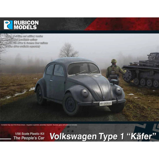 Volkswagen Type 1 Käfer Rubicon Models – okładka pudełka, model szary z żołnierzem i Panzerem III, 280081