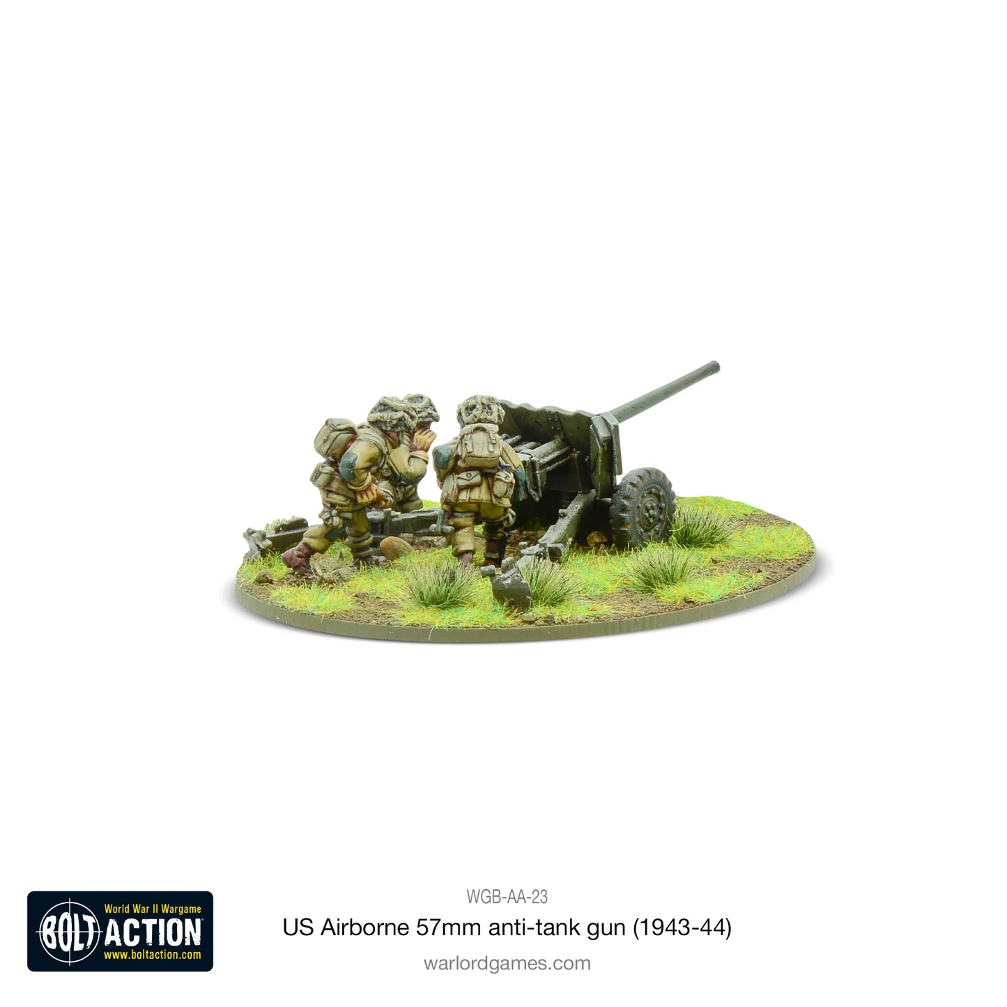 US Airborne 57mm Anti-Tank Gun Bolt Action 28mm - obsługa przy dziale widok z boku, WGB-AA-23