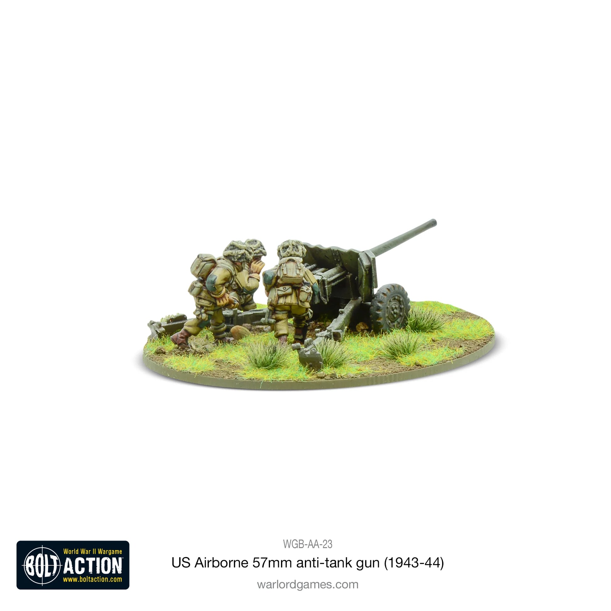 US Airborne 57mm Anti-Tank Gun Bolt Action 28mm - obsługa przy dziale widok z boku, WGB-AA-23