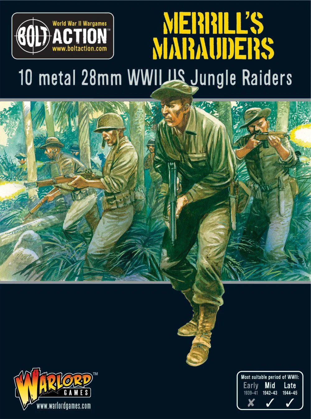 Pudełko Merrill's Marauders z grafiką akcji w dżungli Birmy