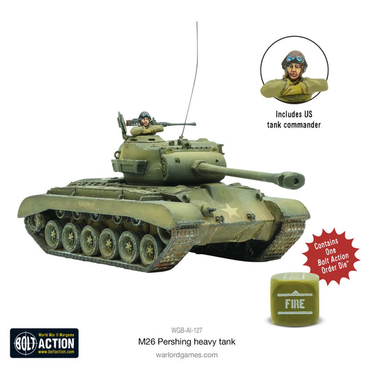 M26 Pershing czołg ciężki 1/56 - pomalowany model z działem 90mm, dowódca czołgu USA, karabin maszynowy, antena, kość Fire