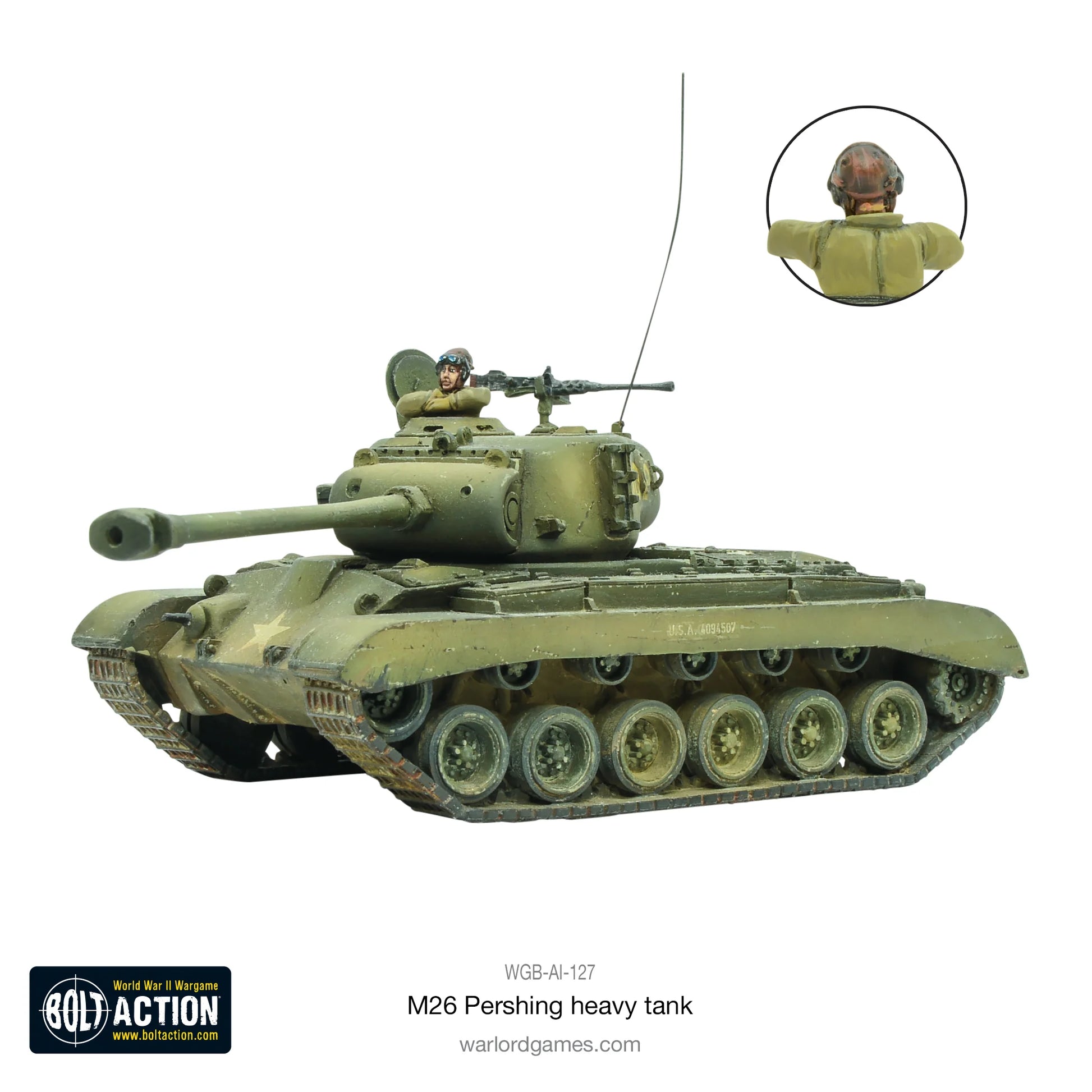 M26 Pershing USA heavy tank - widok z prawej strony z dowódcą, działo 90mm, detale gąsienic i kół, skala 28mm Bolt Action
