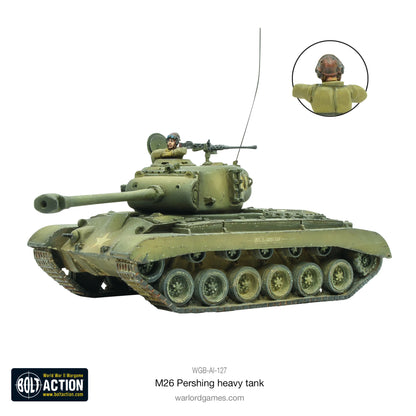 M26 Pershing USA heavy tank - widok z prawej strony z dowódcą, działo 90mm, detale gąsienic i kół, skala 28mm Bolt Action
