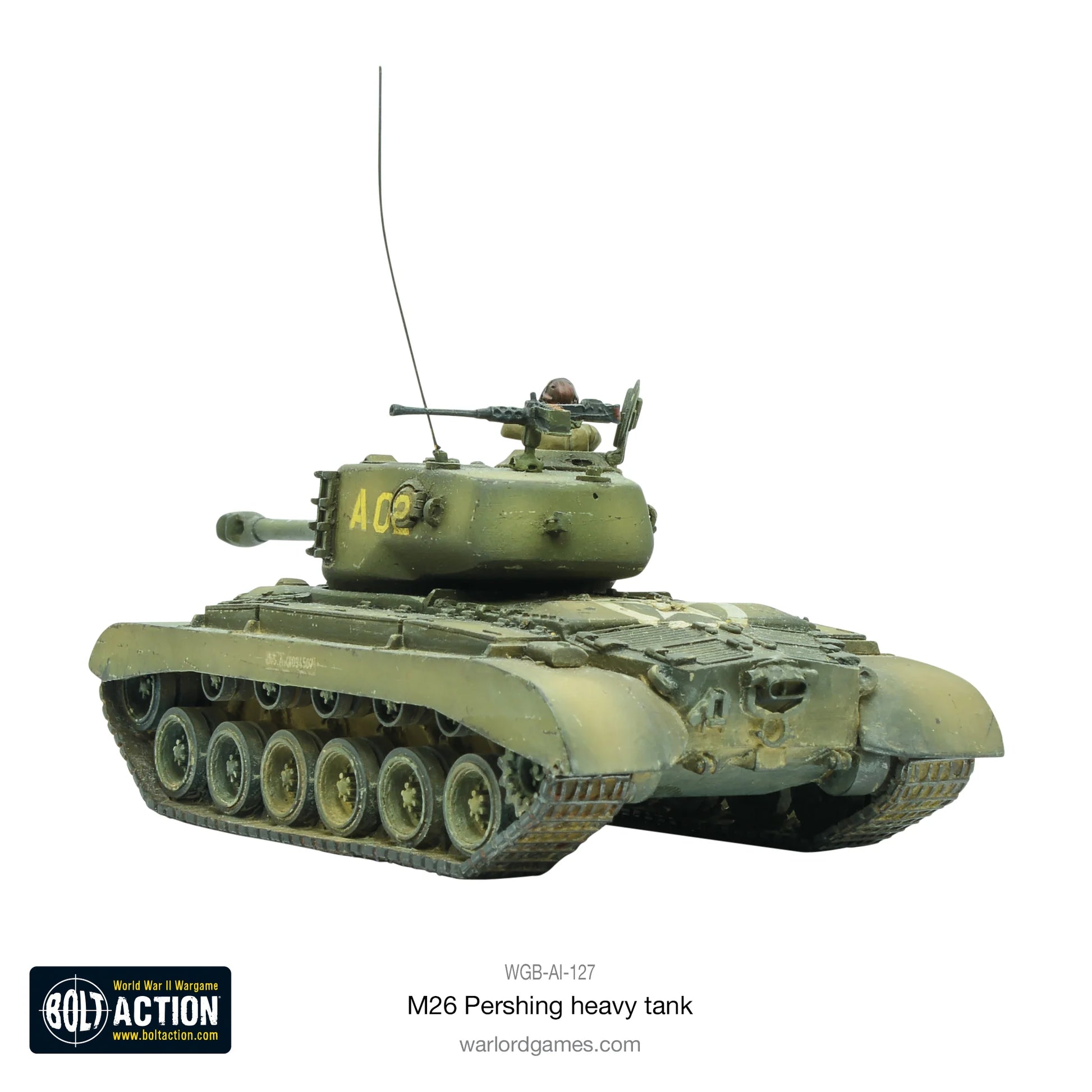 M26 Pershing heavy tank 1/56 - widok z tyłu z numerem 402, dowódca w wieży, detale gąsienic i silnika, weathering
