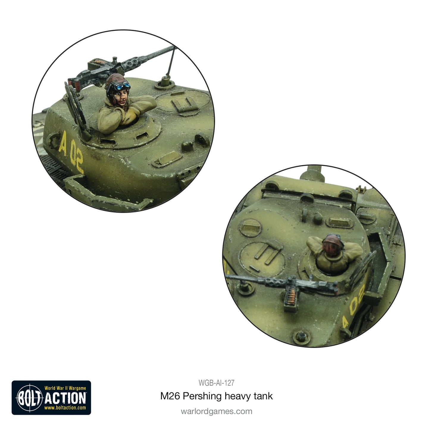 M26 Pershing detale wieży - zbliżenie na dowódcę z numerem 402, karabin maszynowy, luki wieży, antena, Bolt Action 28mm
