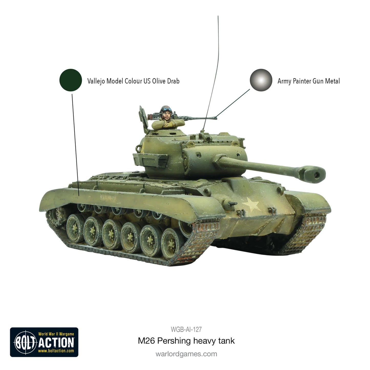 M26 Pershing schemat malowania - Vallejo US Olive Drab i Army Painter Gun Metal, pomalowany model z dowódcą, antena radiowa
