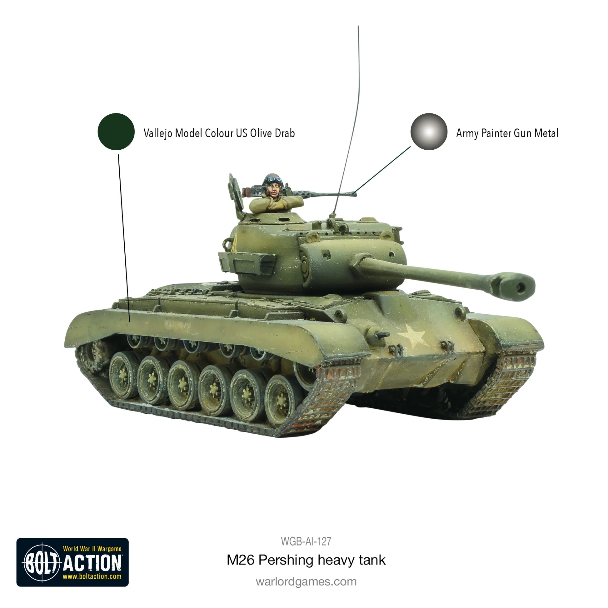 M26 Pershing schemat malowania - Vallejo US Olive Drab i Army Painter Gun Metal, pomalowany model z dowódcą, antena radiowa
