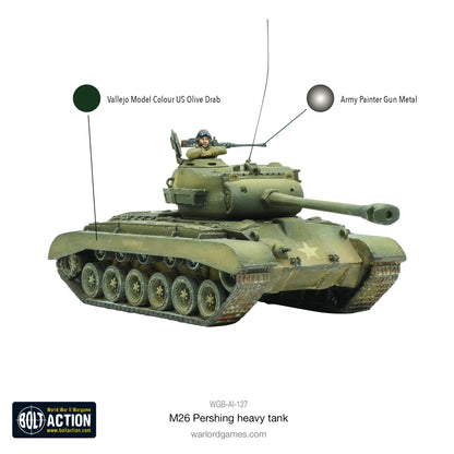 M26 Pershing schemat malowania - Vallejo US Olive Drab i Army Painter Gun Metal, pomalowany model z dowódcą, antena radiowa
