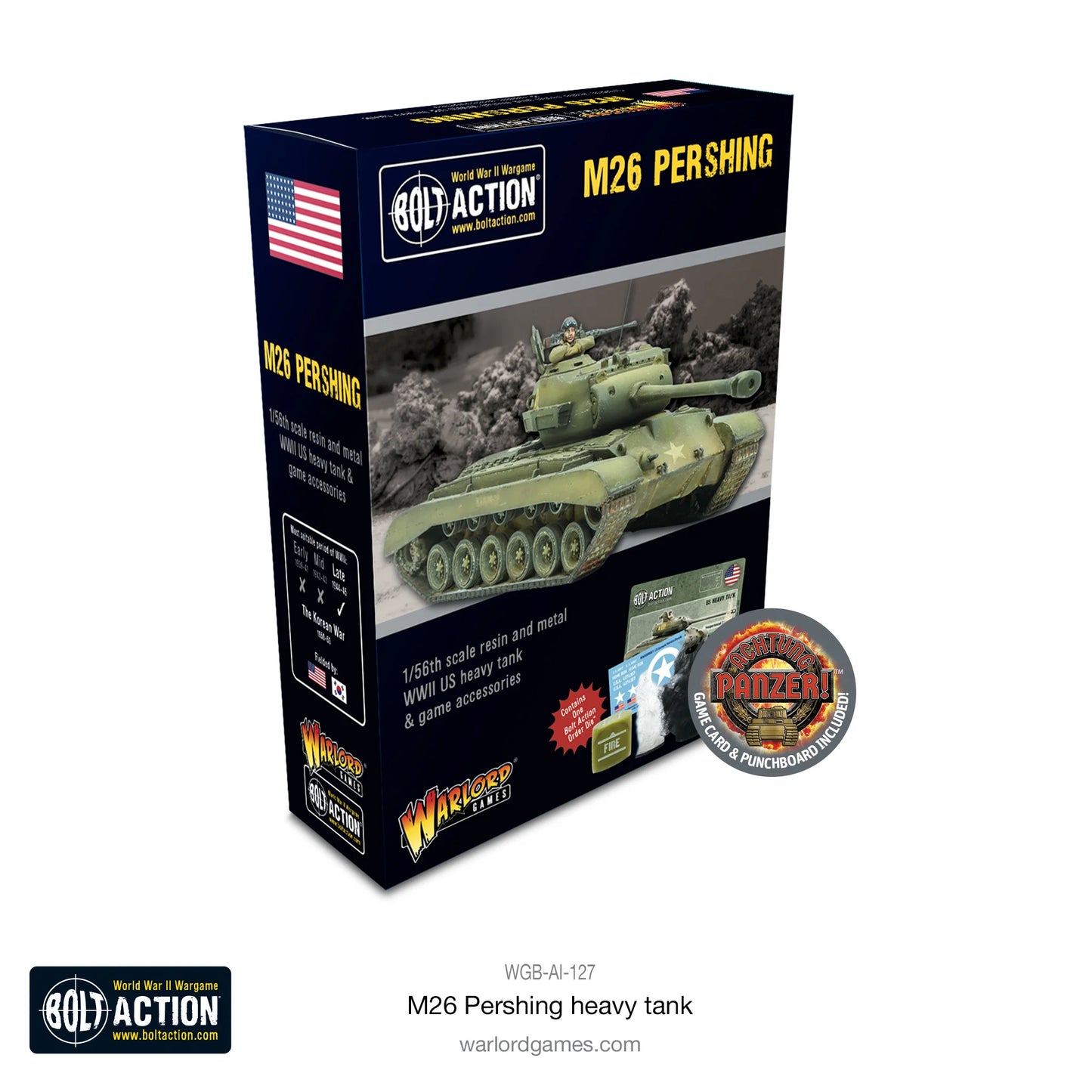 M26 Pershing Heavy Tank Bolt Action - opakowanie Warlord Games z czołgiem ciężkim USA 1/56, żywica i metal, kości zamówień, Achtung Panzer
