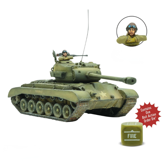 M26 Pershing czołg ciężki 1/56 - pomalowany model z działem 90mm, dowódca czołgu USA, karabin maszynowy, antena, kość Fire