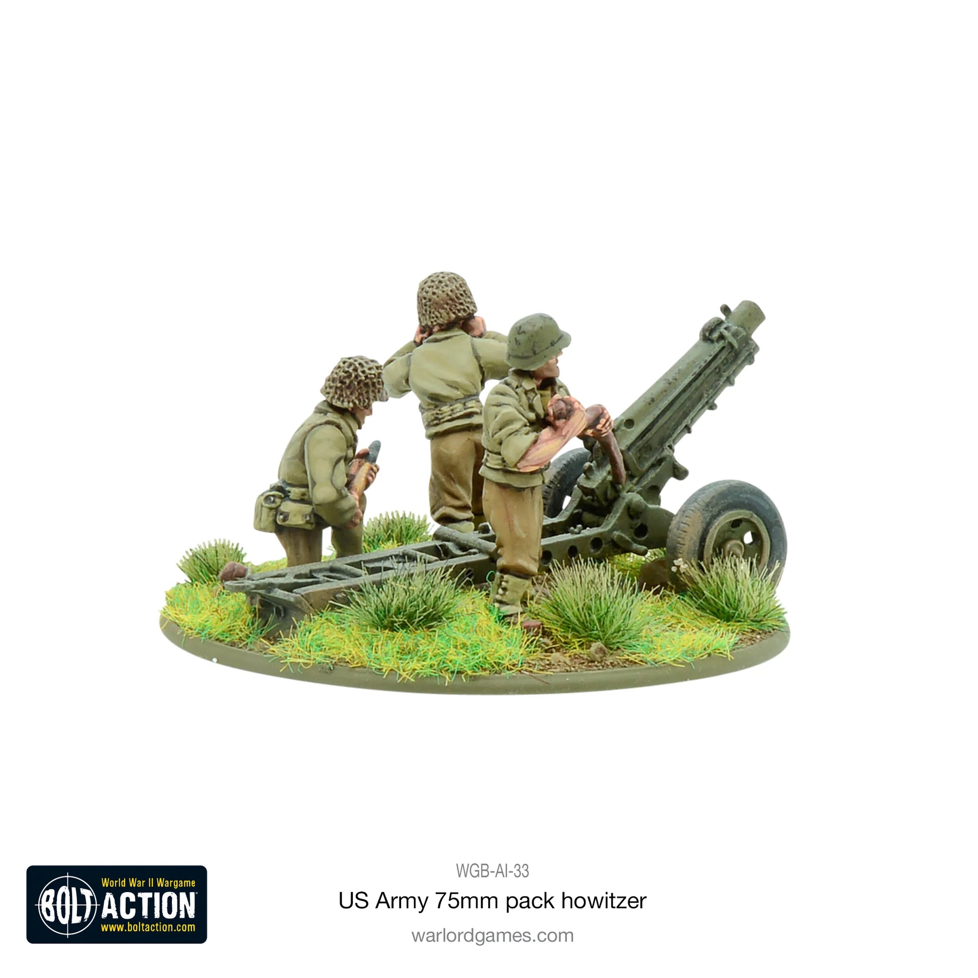 US Army 75mm Pack Howitzer Bolt Action 28mm - haubica z obsługą widok z boku, WGB-AI-33