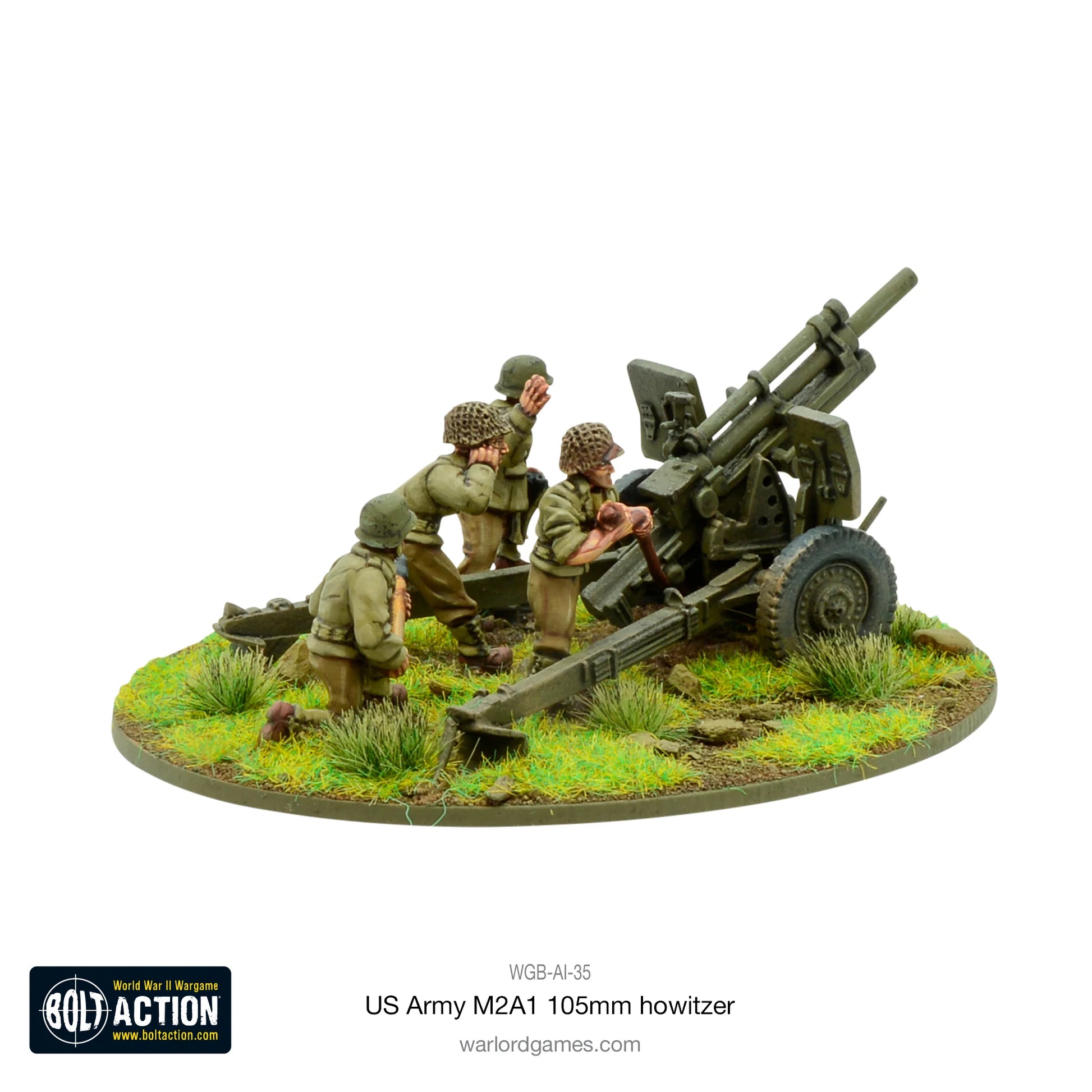 US Army M2A1 105mm Howitzer – haubica z obsługą 4 figurek amerykańskich żołnierzy w hełmach z siatką, na owalnej podstawce z trawiastym terenem 
tył