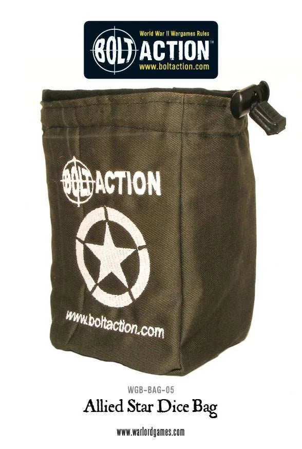 Allied Star Dice Bag - khaki zielony worek na kostki z białą gwiazdą w kole (Allied Star symbol), białe logo Bolt Action, czarny sznurek ściągający, www.boltaction.com - czarna etykieta na górze: Bolt Action World War II Wargames Rules www.boltaction.com - kod produktu WGB-BAG-05 - www.warlordgames.com - Warlord Games