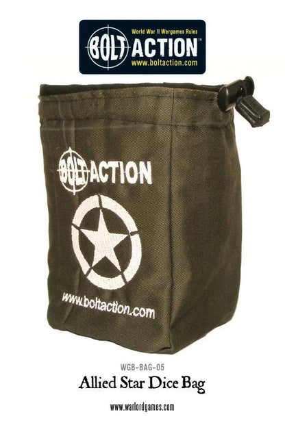 Allied Star Dice Bag - khaki zielony worek na kostki z białą gwiazdą w kole (Allied Star symbol), białe logo Bolt Action, czarny sznurek ściągający, www.boltaction.com - czarna etykieta na górze: Bolt Action World War II Wargames Rules www.boltaction.com - kod produktu WGB-BAG-05 - www.warlordgames.com - Warlord Games