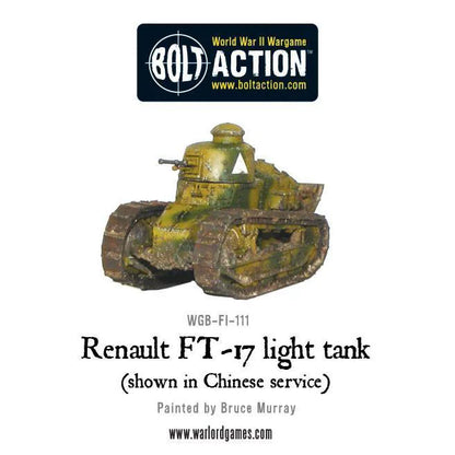 Renault FT-17 – widok z przodu i góry, kamuflaż chiński dwukolorowy, model 28mm Bolt Action Warlord Games
