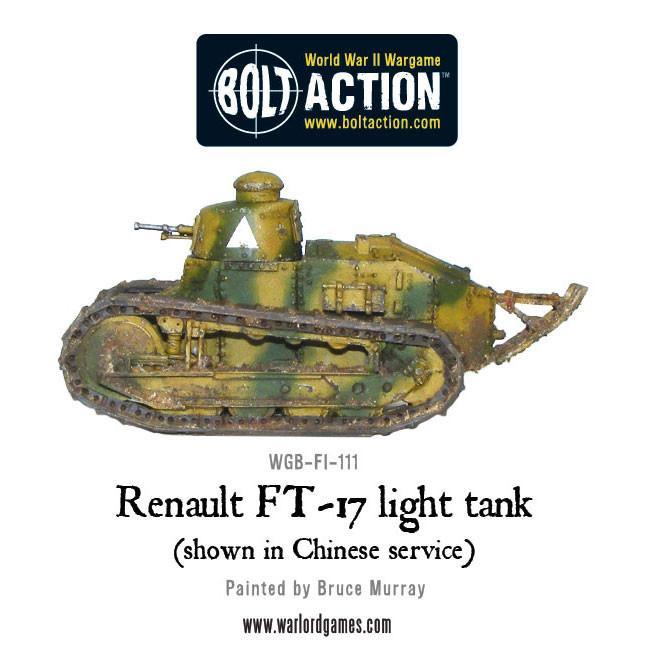 Renault FT-17 – widok z lewej strony, kamuflaż trójkolorowy, model 28mm Bolt Action Warlord Games WGB-FI-111
