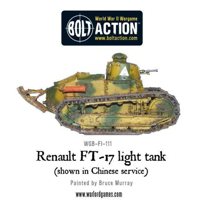Renault FT-17 – widok z prawej strony, kamuflaż trójkolorowy, model 28mm Bolt Action Warlord Games WGB-FI-111
