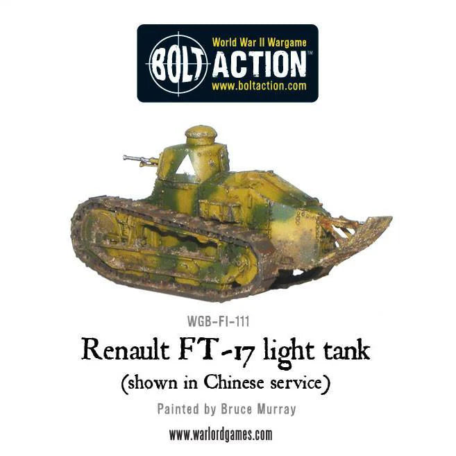 Renault FT-17 – widok z tyłu i lewej strony, gąsienice i ogon, model 28mm Bolt Action Warlord Games WGB-FI-111
