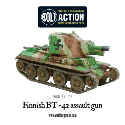 Finnish BT-42 Assault Gun – pomalowany model, widok z przodu-boku lewego z logo Bolt Action, WGB-FN-102, Warlord Games
