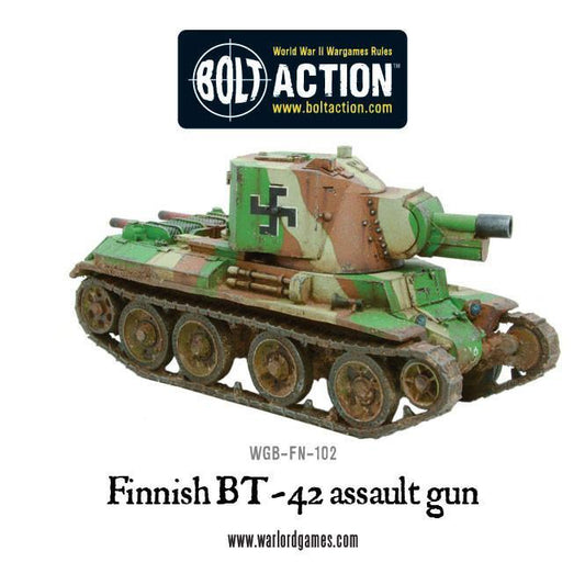 Finnish BT-42 Assault Gun – pomalowany model, widok z przodu-boku lewego z logo Bolt Action, WGB-FN-102, Warlord Games

