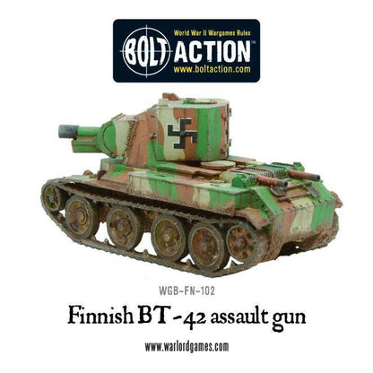 Finnish BT-42 Assault Gun – pomalowany model, widok z tyłu-boku prawego, kamuflaż trójkolorowy, WGB-FN-102, Warlord Games
