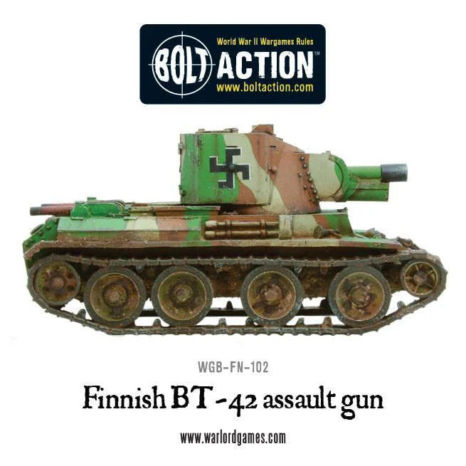 Finnish BT-42 Assault Gun – pomalowany model, widok z boku prawego z hakaristem na wieży, logo Bolt Action, WGB-FN-102, Warlord Games
