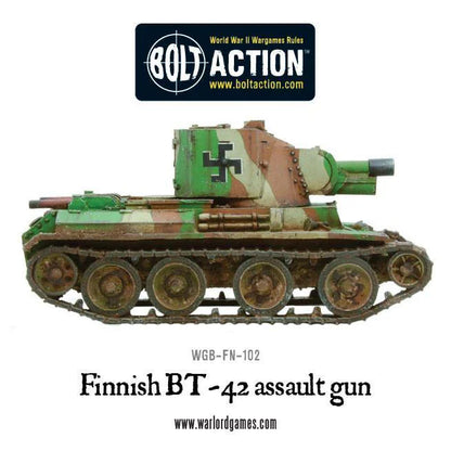 Finnish BT-42 Assault Gun – pomalowany model, widok z boku prawego z hakaristem na wieży, logo Bolt Action, WGB-FN-102, Warlord Games
