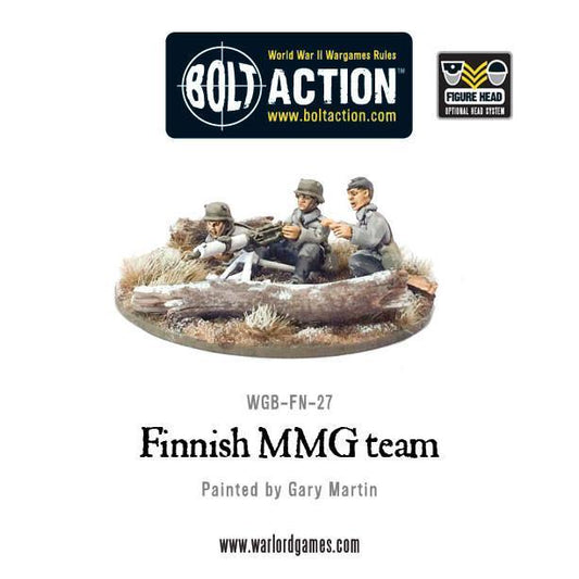 Finnish MMG Team Warlord Games WGB-FN-27 – 3 figurki fińskiej obsługi CKM w białych kombinezonach zimowych przy karabinie maszynowym Maxim na podstawce z trawą i śniegiem, metal 28mm