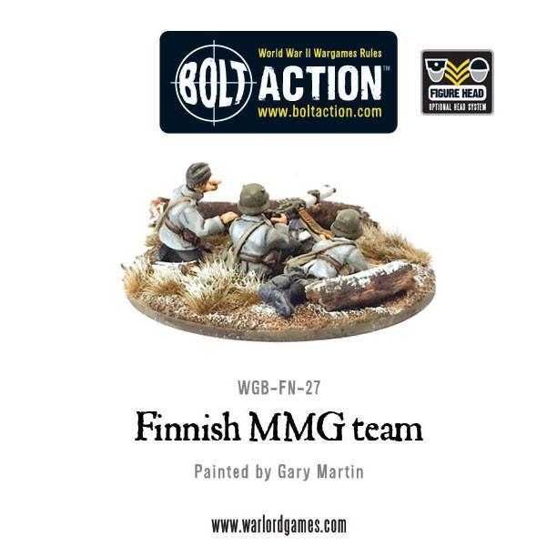 Finnish MMG Team – widok z tyłu: 2 figurki fińskiej obsługi CKM w białych kombinezonach, detale ekwipunku i taśmy amunicyjnej, metal 28mm Bolt Action