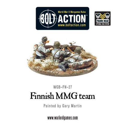 Finnish MMG Team – widok z tyłu: 2 figurki fińskiej obsługi CKM w białych kombinezonach, detale ekwipunku i taśmy amunicyjnej, metal 28mm Bolt Action