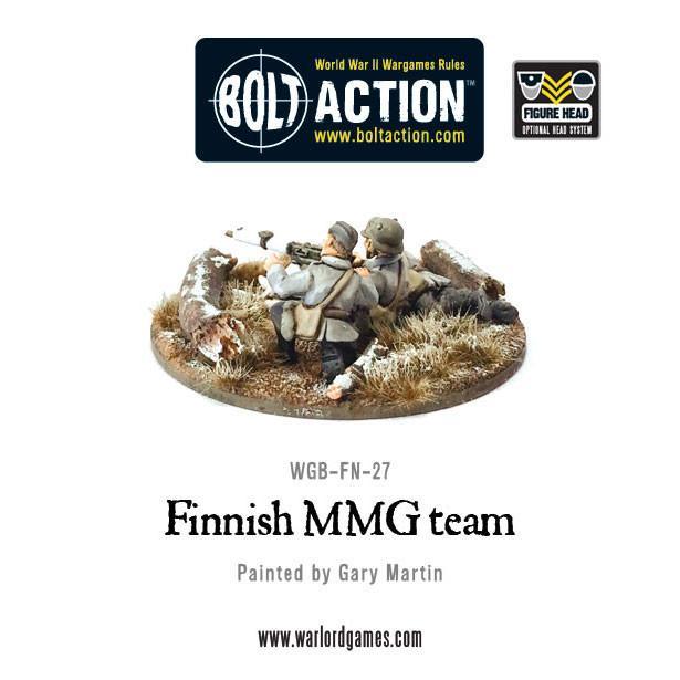 Finnish MMG Team – widok z boku: celowniczy i ładowniczy przy karabinie maszynowym Maxim, białe kombinezony zimowe, podstawka z kamieniami i śniegiem, metal 28mm Bolt Action