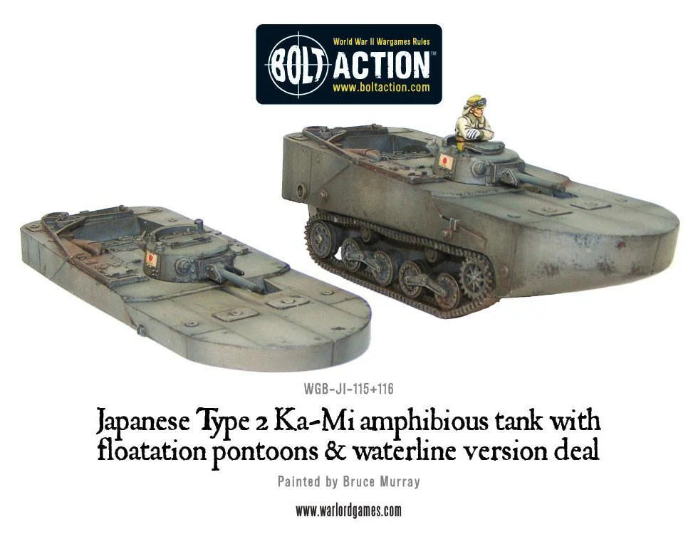 Japanese Type 2 Ka-Mi Amphibious Tank – dwa pomalowane modele plastikowe 28mm, wersja z pływakami i waterline, Bolt Action Warlord Games
