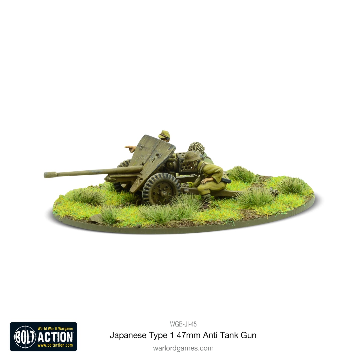 Japanese Type 1 47mm Anti-Tank Gun – pomalowany model metalowy 28mm, obsługa japońska przy działku, widok z boku, Bolt Action
