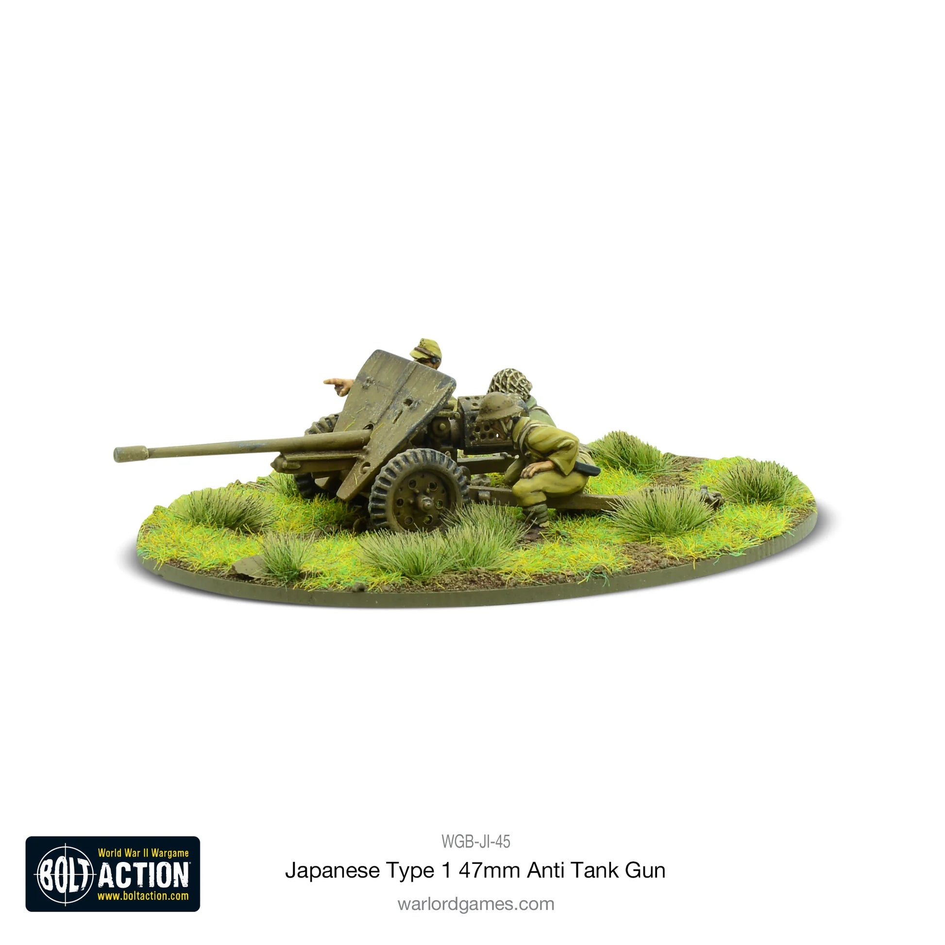 Japanese Type 1 47mm Anti-Tank Gun – pomalowany model metalowy 28mm, obsługa japońska przy działku, widok z boku, Bolt Action
