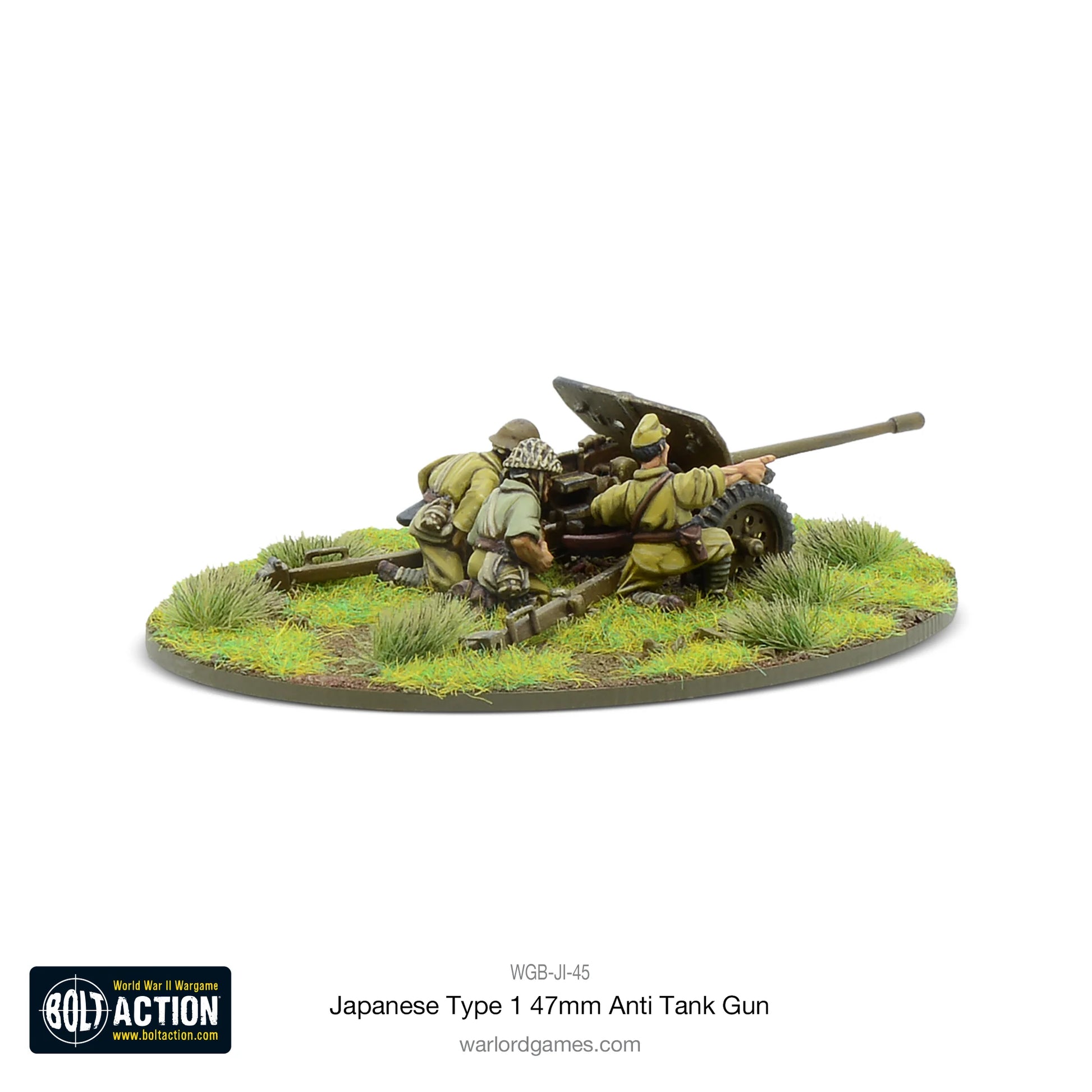 Japanese Type 1 47mm Anti-Tank Gun – pomalowany model metalowy 28mm, dwuosobowa obsługa przy działku Type 1, Bolt Action Warlord Games
