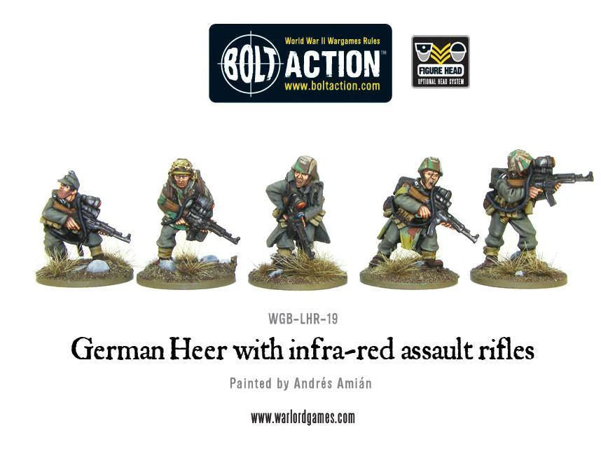German Heer Infra-Red Assault Rifles – widok z przodu: 5 figurek Heer w różnych pozach bojowych ze StG 44 i celownikami IR Vampir, kamuflaż Splittermuster i Feldgrau, metal 28mm Bolt Action