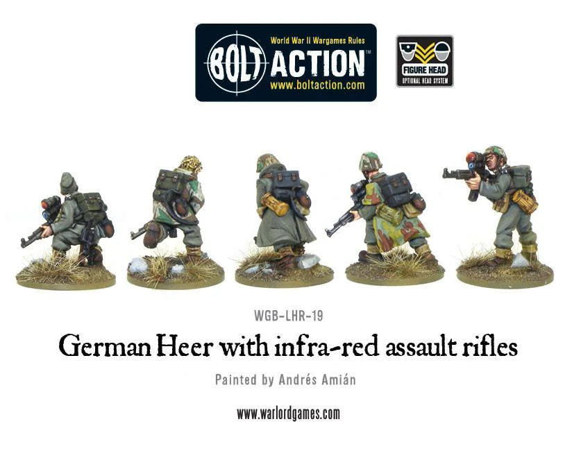 German Heer Infra-Red Assault Rifles – widok z tyłu: detale ekwipunku, plecaki z bateriami IR, celowniki Vampir na StG 44, kamuflaż Splittermuster, metal 28mm Bolt Action
