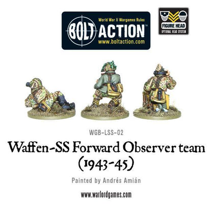 Waffen-SS Forward Observer Team Bolt Action - widok z tyłu z logo Bolt Action i Figure Head, 3 figurki w kamuflażu SS Erbsenmuster, operator radiowy, obserwator z mapą, snajper z lornetką, kod WGB-LSS-02
