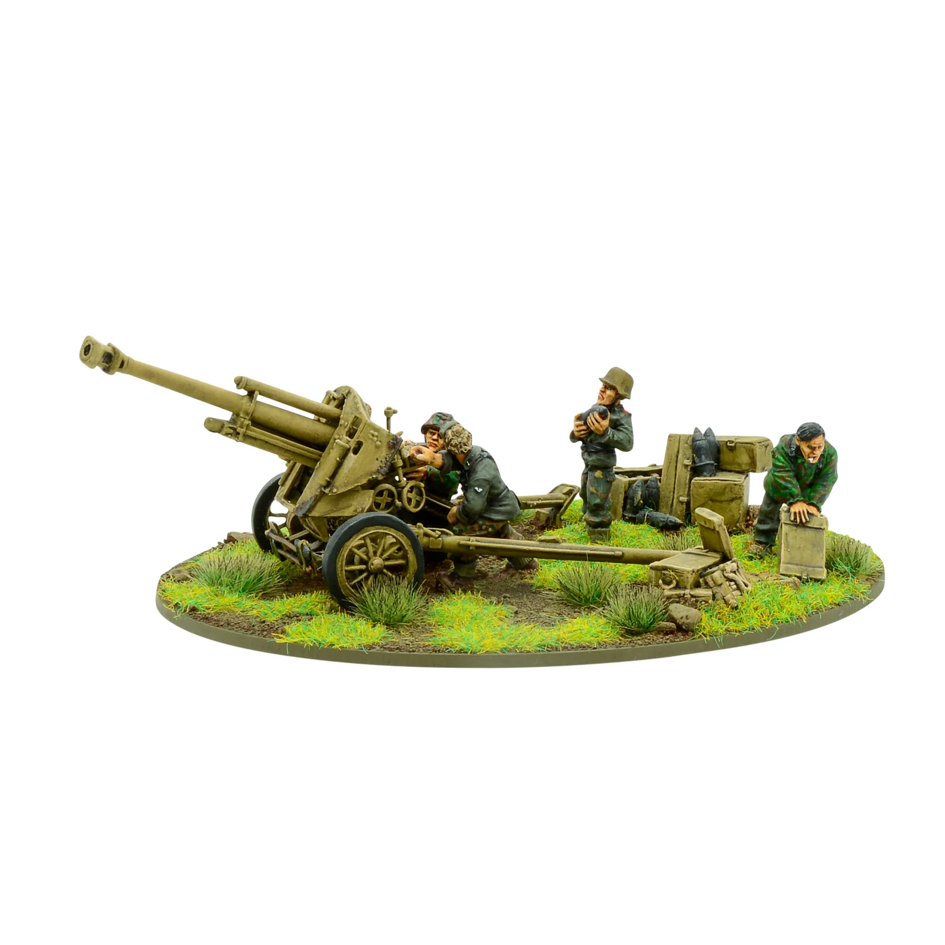 Waffen-SS 10.5cm LeFH 18/40 Medium Artillery Warlord Games WGB-LSS-08K – haubica 105mm z obsługą 4 figurek SS w kamuflażu Eichenlaubmuster, metal 28mm Bolt Action