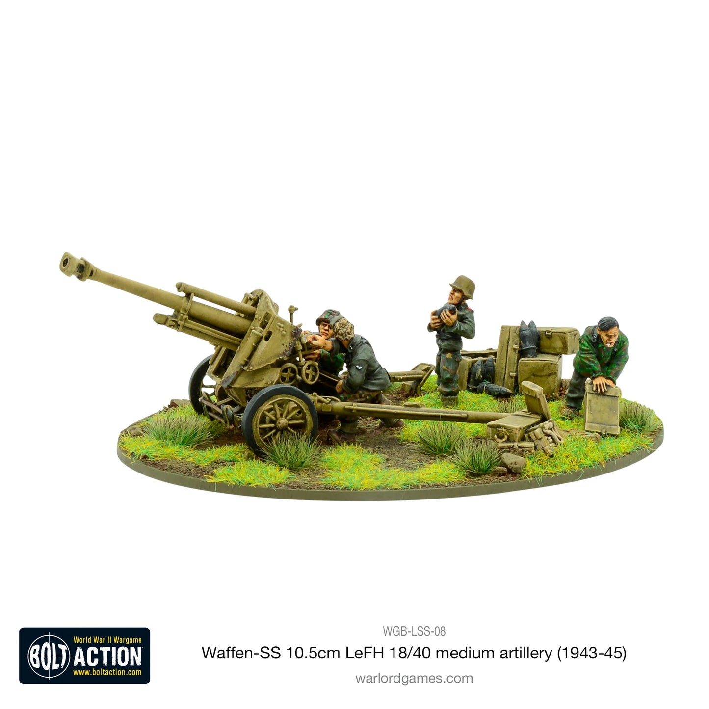 Waffen-SS 10.5cm LeFH 18/40 – widok z lewej: celowniczy przy lunecie, ładowniczy z nabojem, skrzynie amunicji, metal 28mm Bolt Action
