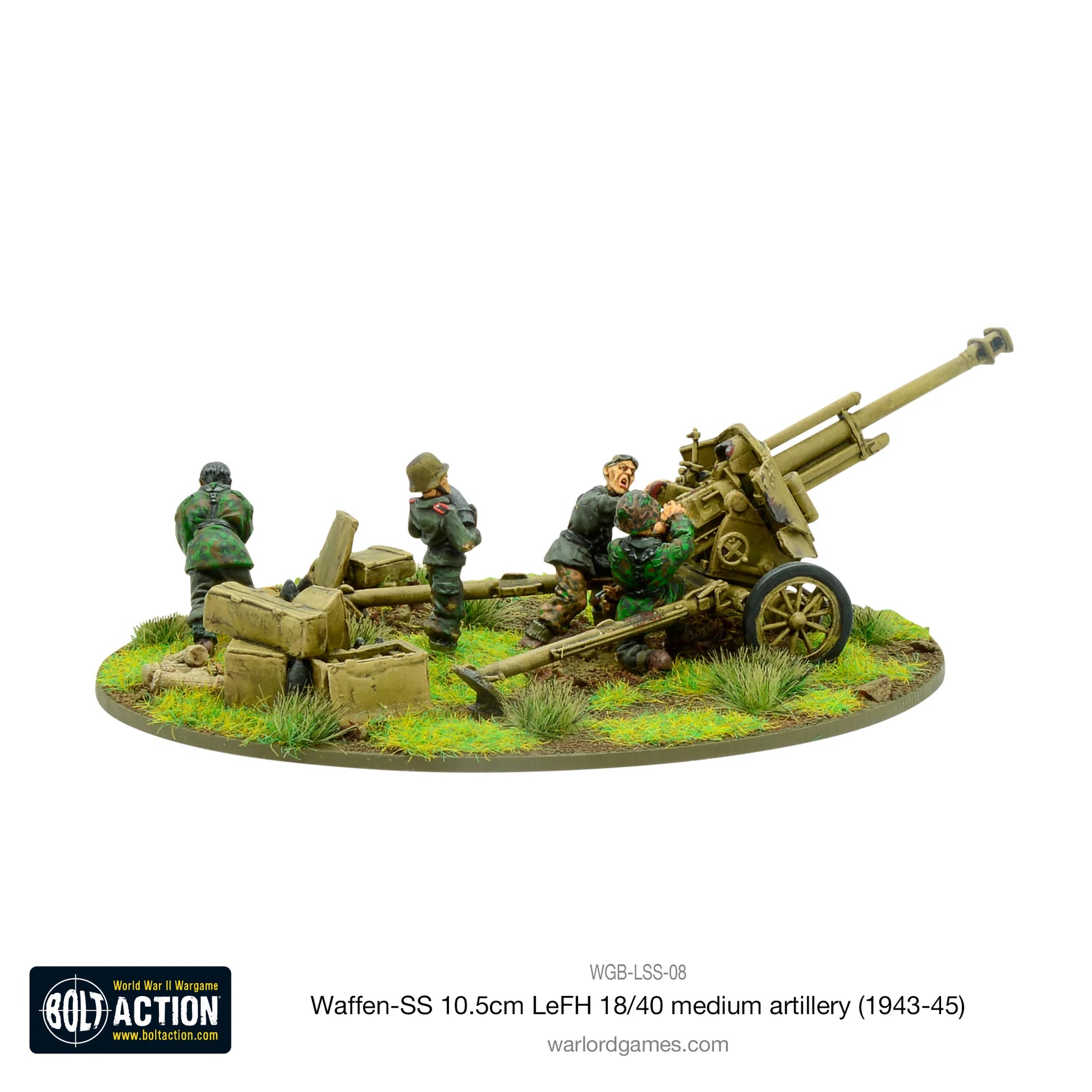 Waffen-SS 10.5cm LeFH 18/40 – widok z prawej: obsługa SS w kamuflażu Erbsenmuster, haubica skierowana w prawo, metal 28mm Bolt Action